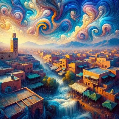 The primary subject of the image is a cityscape with a river flowing through it. The setting is a city with buildings and a mountain in the background. The visual style is a painting, which creates a vibrant and lively atmosphere. The colors and mood are predominantly blue and green, with the blue river and greenery adding a sense of tranquility to the scene.